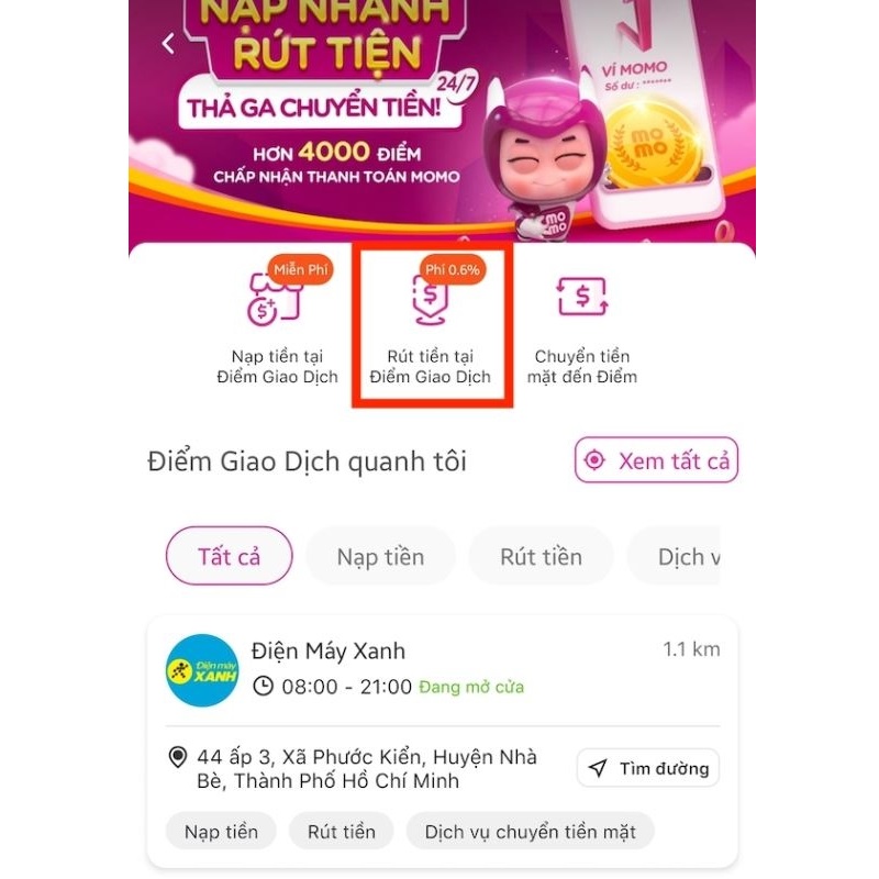 chọn rút tiền tại điểm giao dịch