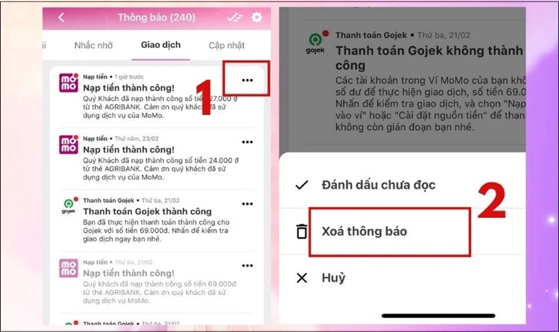 cách xóa lịch sử giao dịch