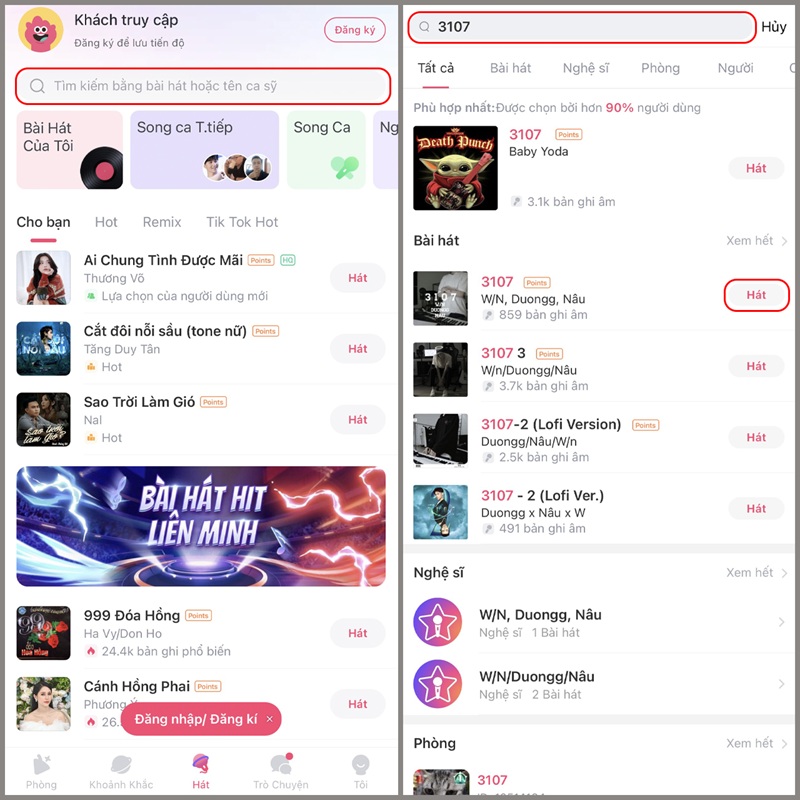 nhấn vào nút hát