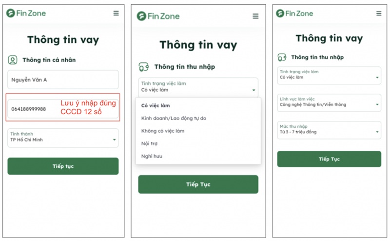 điền thông tin vay trên fin zone